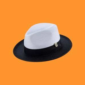 MONTIQUE BLK TWO-TONE WIDE BRIM W/MATCHING GROSGRAIN RIBBON STRAW FEDORA HAT H47